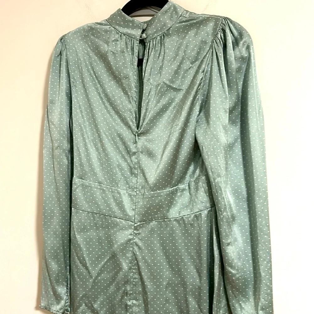 Reformation Samuel LS Mint polka dot mini dress  fall cottagecore 100% silk